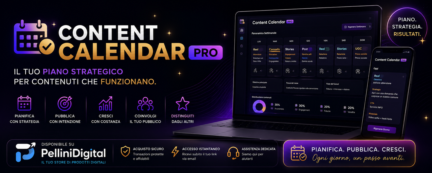 Content Calendar PRO – Planner Strategico per Social Media PelliniDigital